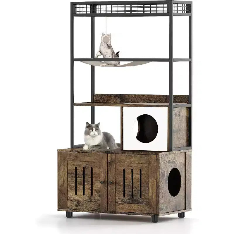 Meuble cache-litière multifonctionnel avec lit pour chat, hamac, tapis à griffer et balle en sisal, meuble pour litière cachée pour grands chats