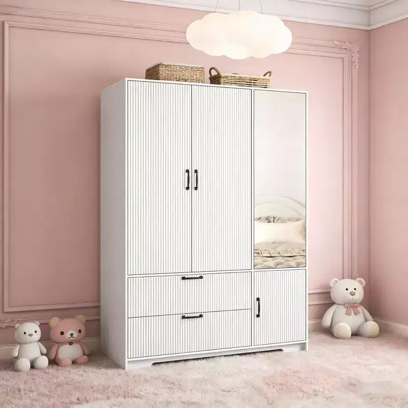 Armoire 4 portes blanche avec miroir, lumières LED, 2 tiroirs, tringle à vêtements et étagères réglables, meuble de rangement en bois pour chambre à coucher