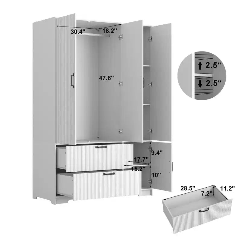 Armoire 4 portes blanche avec miroir, lumières LED, 2 tiroirs, tringle à vêtements et étagères réglables, meuble de rangement en bois pour chambre à coucher