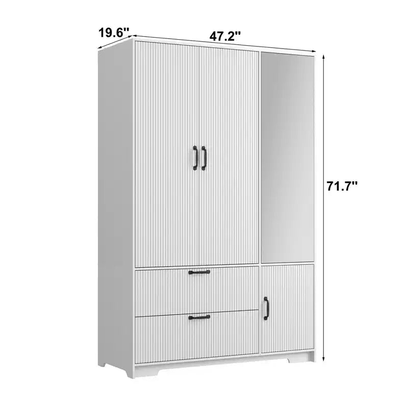 Armoire 4 portes blanche avec miroir, lumières LED, 2 tiroirs, tringle à vêtements et étagères réglables, meuble de rangement en bois pour chambre à coucher
