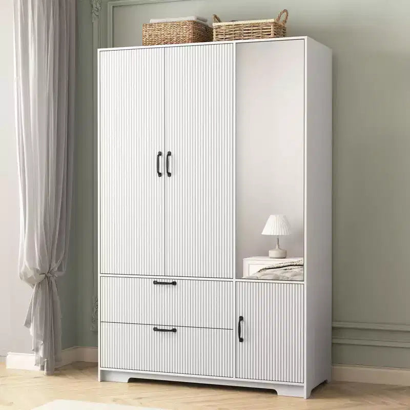 Armoire 4 portes blanche avec miroir, lumières LED, 2 tiroirs, tringle à vêtements et étagères réglables, meuble de rangement en bois pour chambre à coucher