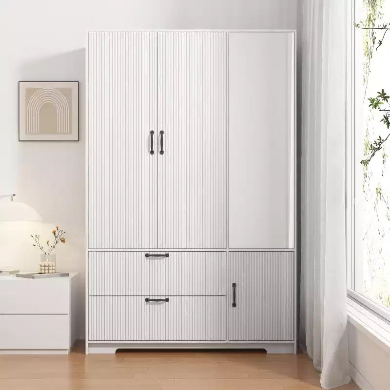 Armoire 4 portes blanche avec miroir, lumières LED, 2 tiroirs, tringle à vêtements et étagères réglables, meuble de rangement en bois pour chambre à coucher