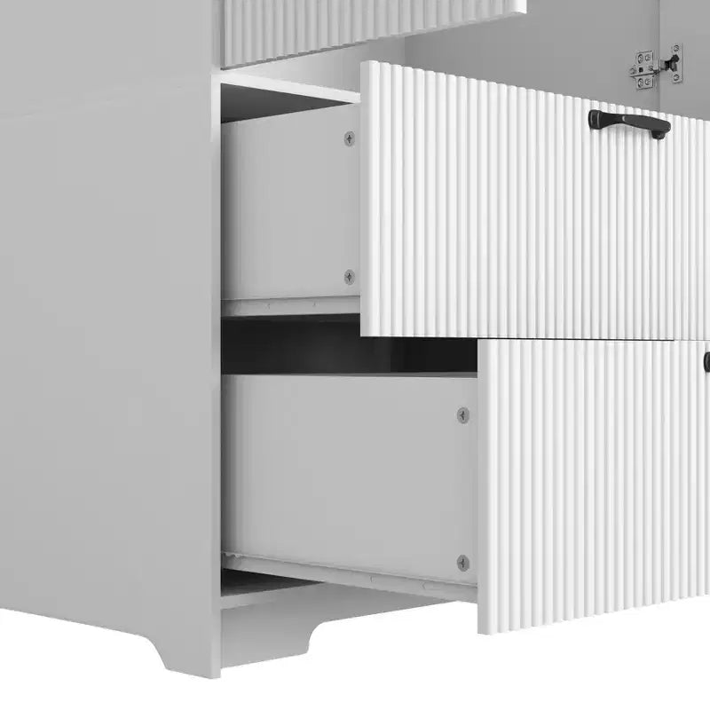 Armoire 4 portes blanche avec miroir, lumières LED, 2 tiroirs, tringle à vêtements et étagères réglables, meuble de rangement en bois pour chambre à coucher