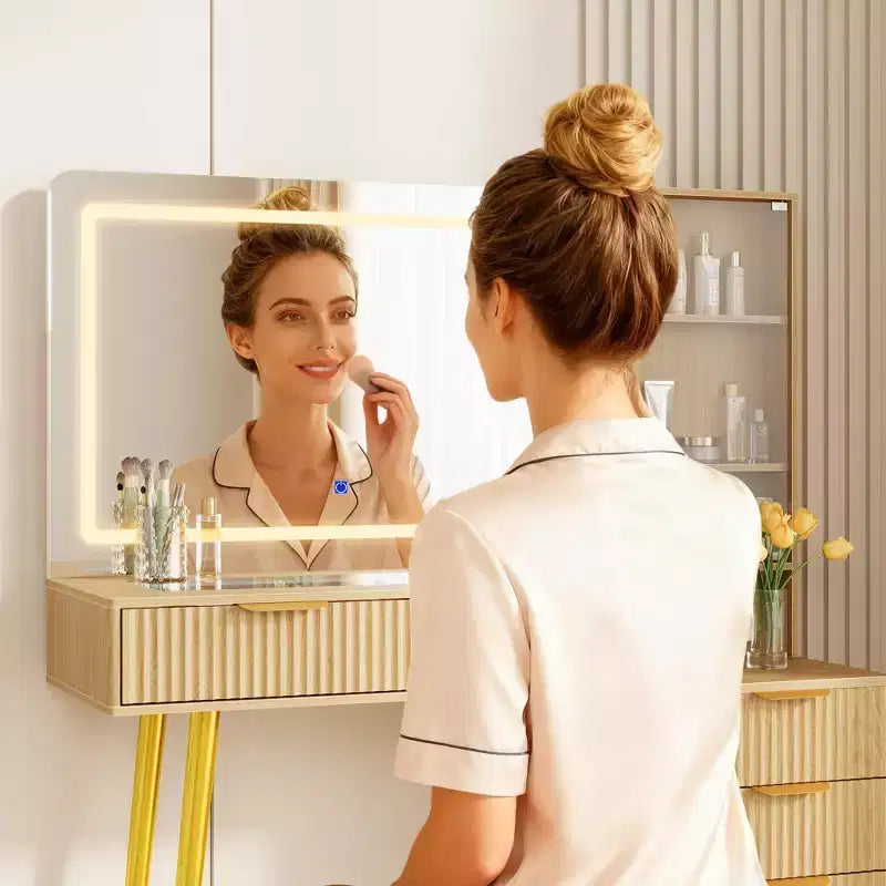Coiffeuse avec Miroir Éclairé, 5 Tiroirs et Prise de Courant, Table de Maquillage Moderne Cannelée avec Étagère de Rangement pour Chambre, Femmes Filles