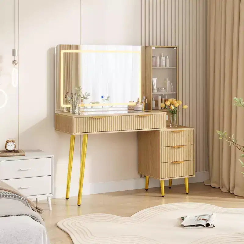 Coiffeuse avec Miroir Éclairé, 5 Tiroirs et Prise de Courant, Table de Maquillage Moderne Cannelée avec Étagère de Rangement pour Chambre, Femmes Filles