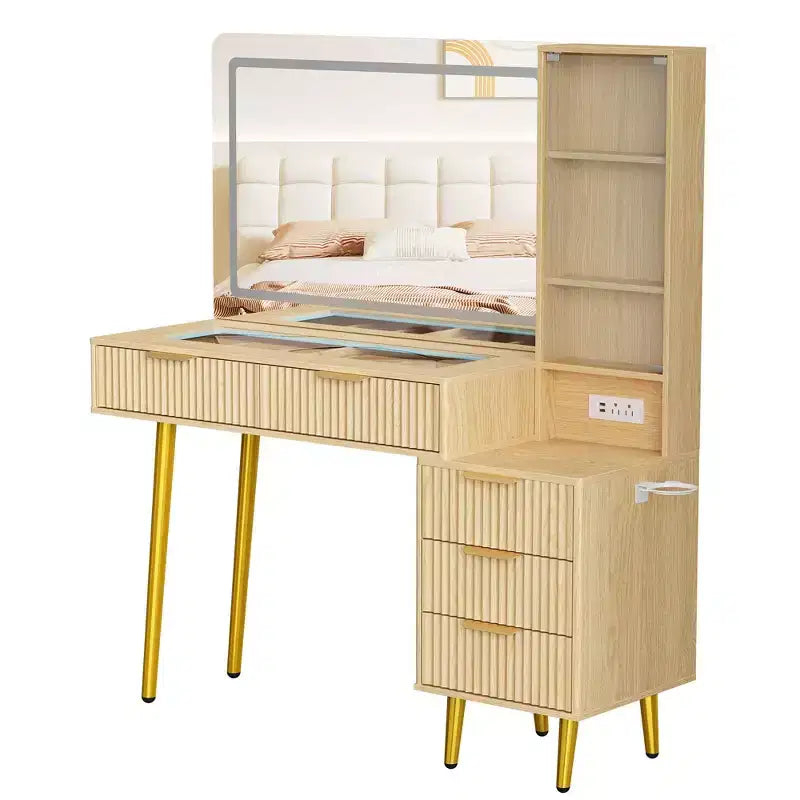 Coiffeuse avec Miroir Éclairé, 5 Tiroirs et Prise de Courant, Table de Maquillage Moderne Cannelée avec Étagère de Rangement pour Chambre, Femmes Filles