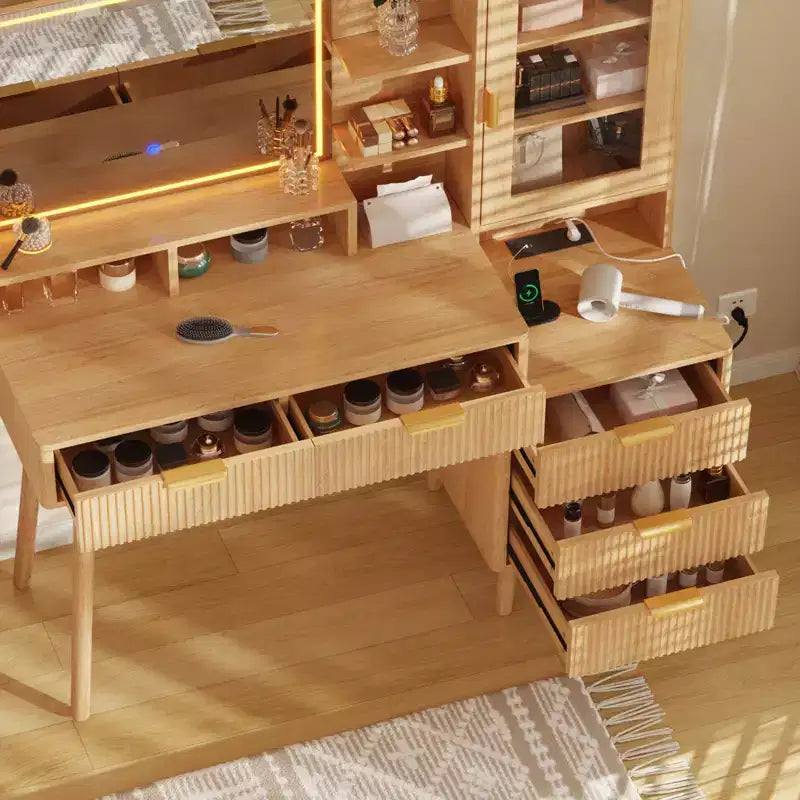 Coiffeuse avec Miroir Éclairé, 5 Tiroirs et Prise de Courant, Table de Maquillage Moderne Cannelée avec Étagère de Rangement pour Chambre, Femmes Filles