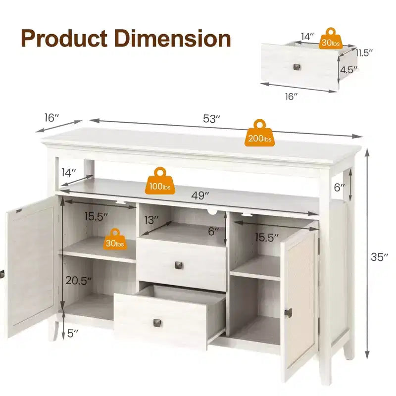 Meuble TV moderne en MDF avec rangements, buffet avec 2 portes et tiroirs, console multimédia pour salon, salle à manger, entrée