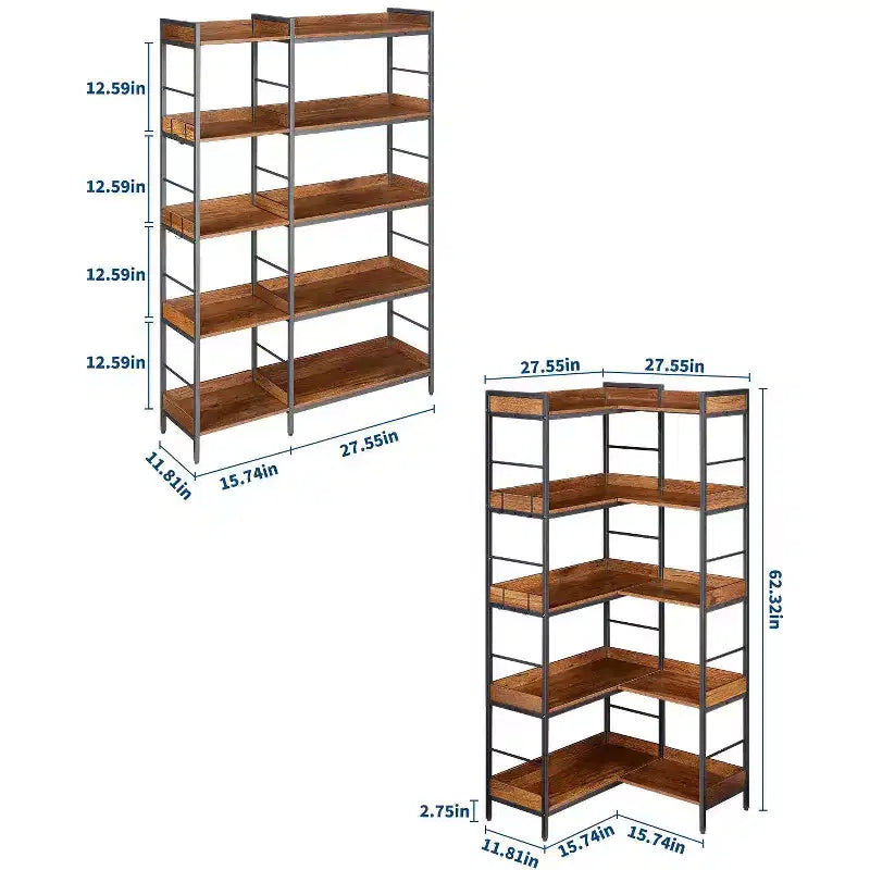 Étagère d'angle haute de 65 pouces, bibliothèque industrielle réversible à 5 niveaux avec 4 crochets, étagère de présentation ouverte en bois avec cadre en métal pour chambre à coucher, bureau