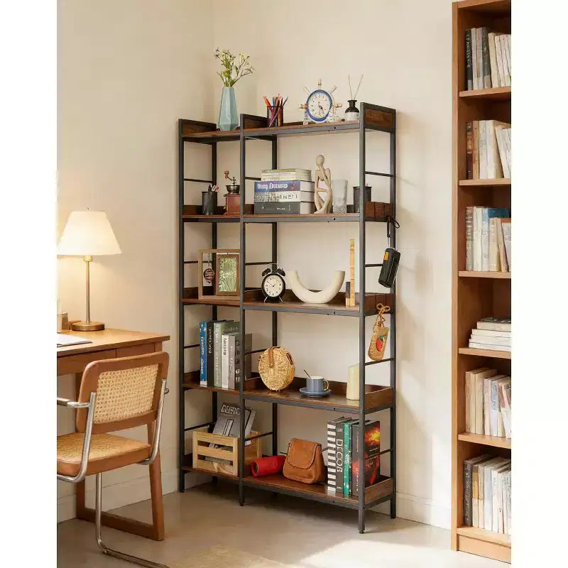 Étagère d'angle haute de 65 pouces, bibliothèque industrielle réversible à 5 niveaux avec 4 crochets, étagère de présentation ouverte en bois avec cadre en métal pour chambre à coucher, bureau
