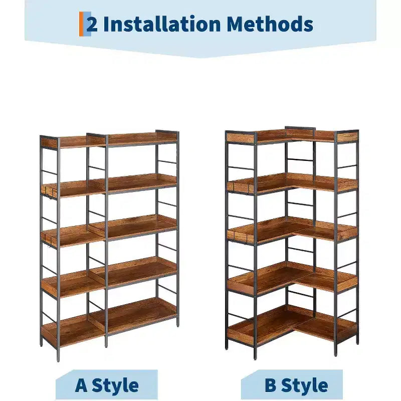 Étagère d'angle haute de 65 pouces, bibliothèque industrielle réversible à 5 niveaux avec 4 crochets, étagère de présentation ouverte en bois avec cadre en métal pour chambre à coucher, bureau