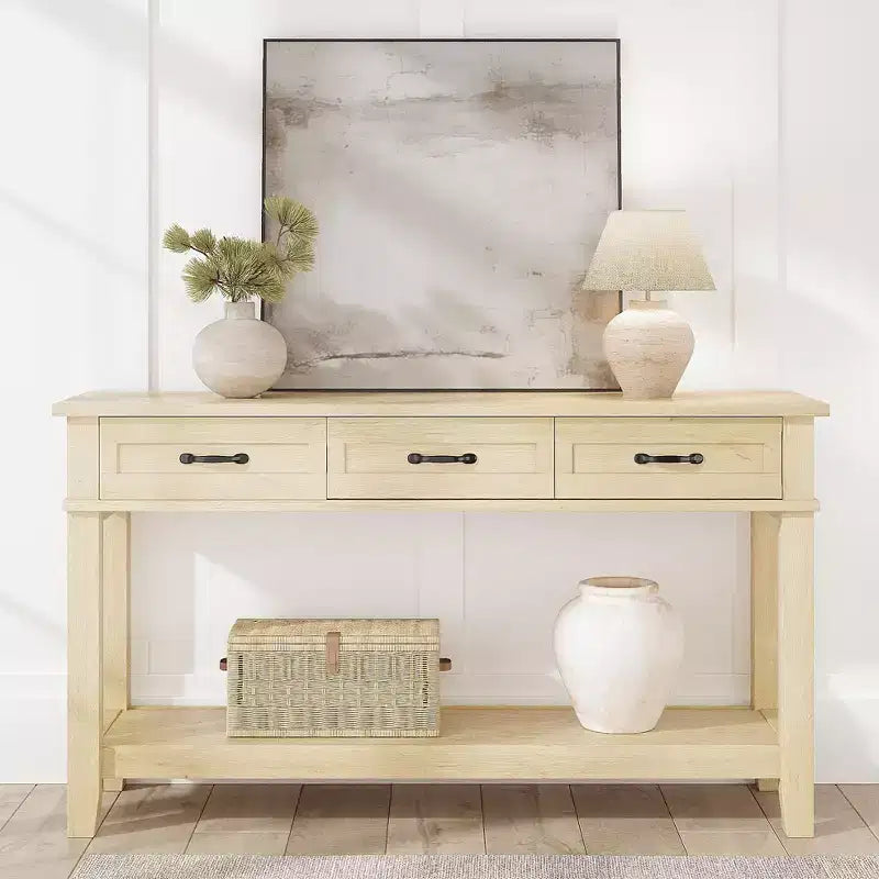 Console de ferme avec 3 tiroirs et étagère de rangement ouverte Table de canapé en bois à 2 niveaux Idéale pour l'entrée, le salon, le couloir ou le hall d'entrée