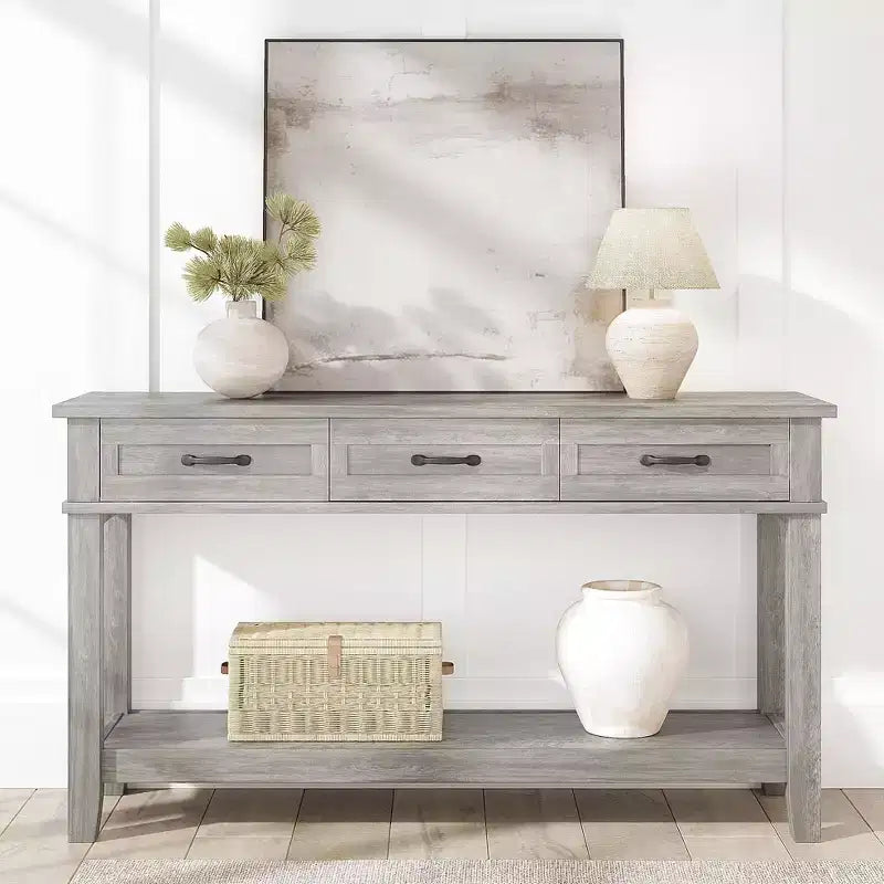 Console de ferme avec 3 tiroirs et étagère de rangement ouverte Table de canapé en bois à 2 niveaux Idéale pour l'entrée, le salon, le couloir ou le hall d'entrée