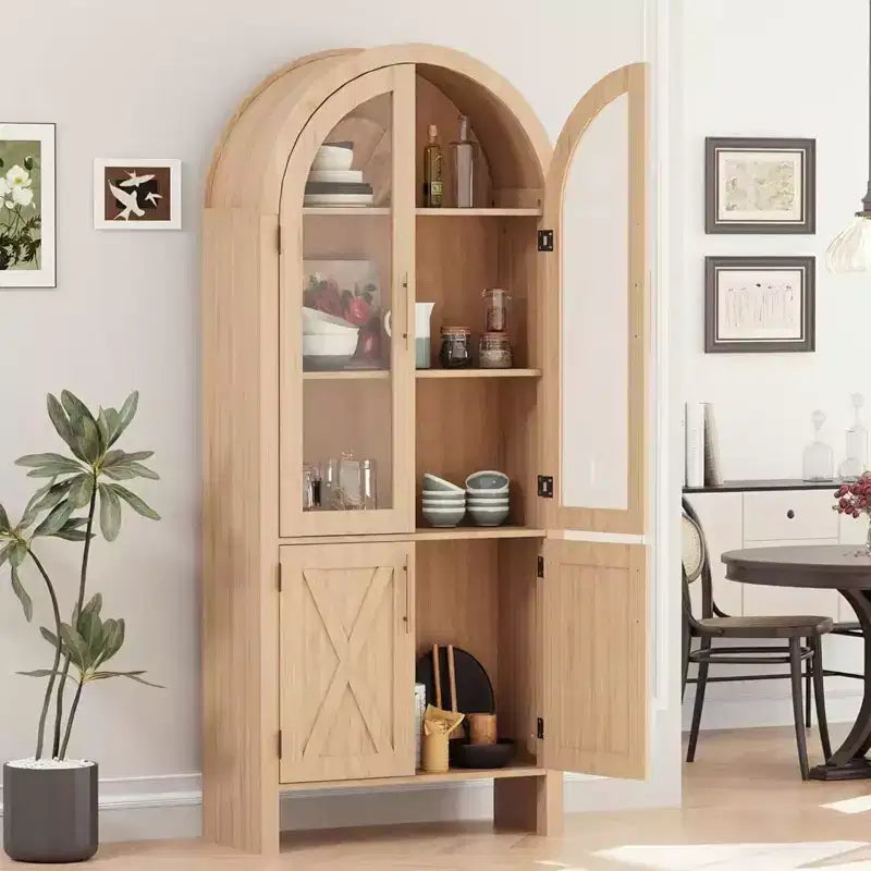 Armoire de rangement de cuisine à vitrines arquées 60 avec étagères réglables Portes vitrées Garde-manger en bois moderne pour salle de bain Entrée Salle à manger