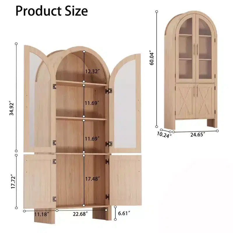 Armoire de rangement de cuisine à vitrines arquées 60 avec étagères réglables Portes vitrées Garde-manger en bois moderne pour salle de bain Entrée Salle à manger