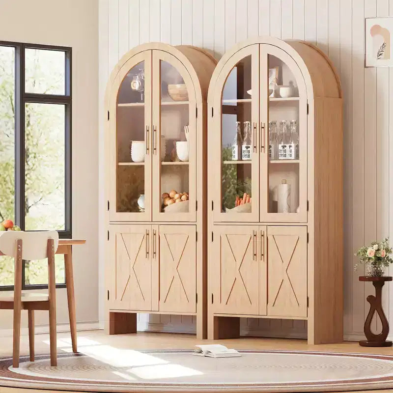 Armoire de rangement de cuisine à vitrines arquées 60 avec étagères réglables Portes vitrées Garde-manger en bois moderne pour salle de bain Entrée Salle à manger