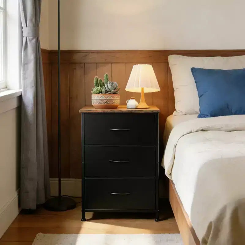 Commode à 3 tiroirs avec bacs en tissu, organisateur de rangement compact imitation bois pour chambre, placard, entrée