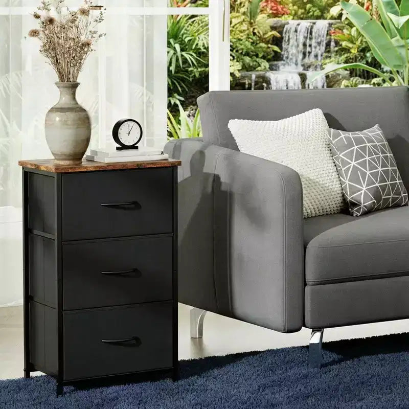 Commode à 3 tiroirs avec bacs en tissu, organisateur de rangement compact imitation bois pour chambre, placard, entrée