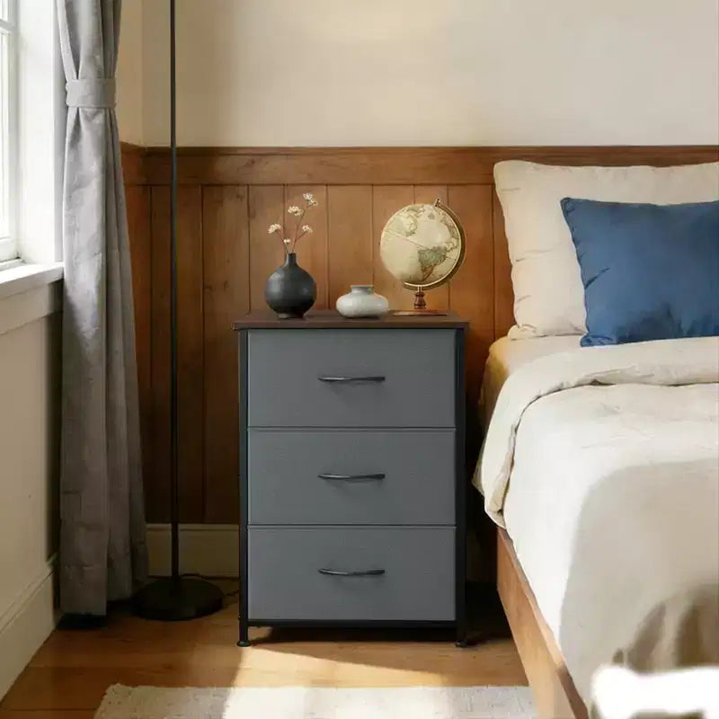 Commode à 3 tiroirs avec bacs en tissu, organisateur de rangement compact imitation bois pour chambre, placard, entrée
