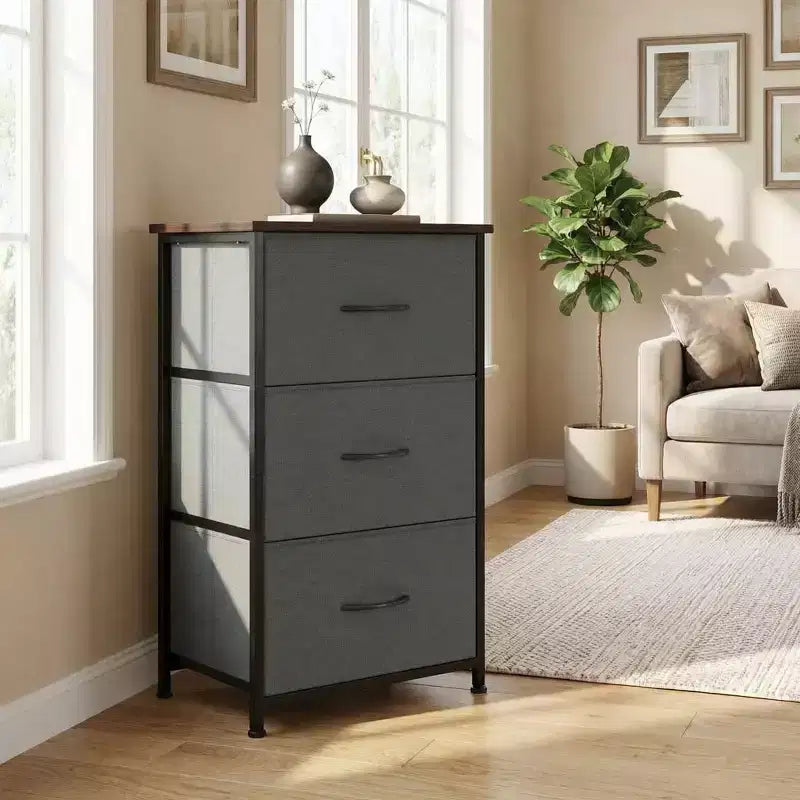 Commode à 3 tiroirs avec bacs en tissu, organisateur de rangement compact imitation bois pour chambre, placard, entrée