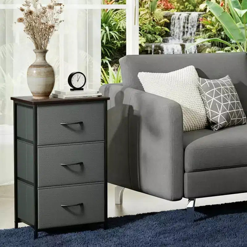 Commode à 3 tiroirs avec bacs en tissu, organisateur de rangement compact imitation bois pour chambre, placard, entrée