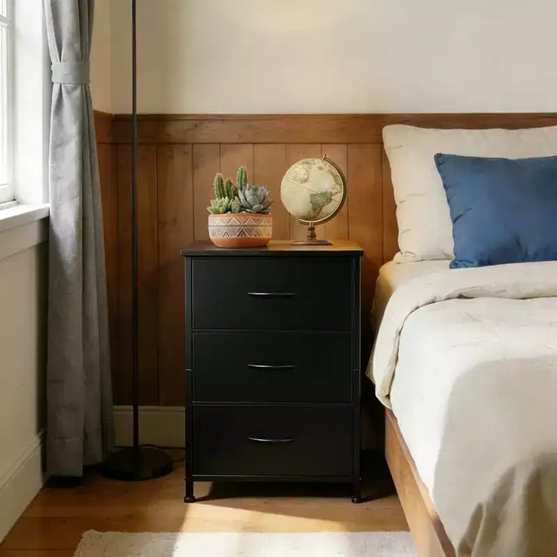 Commode à 3 tiroirs avec bacs en tissu, organisateur de rangement compact imitation bois pour chambre, placard, entrée