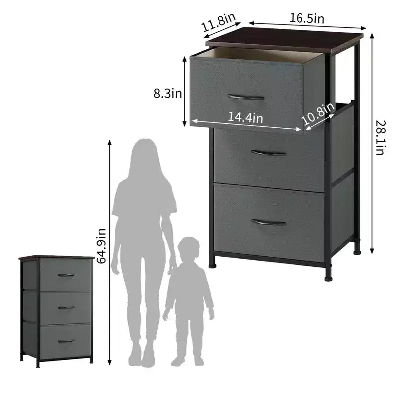 Commode à 3 tiroirs avec bacs en tissu, organisateur de rangement compact imitation bois pour chambre, placard, entrée