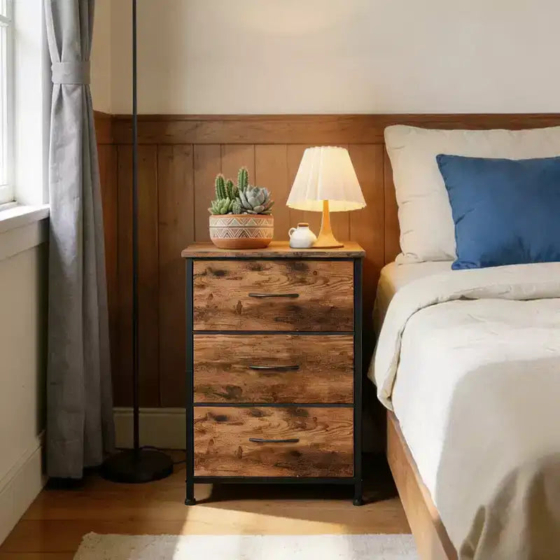 Commode à 3 tiroirs avec bacs en tissu, organisateur de rangement compact imitation bois pour chambre, placard, entrée