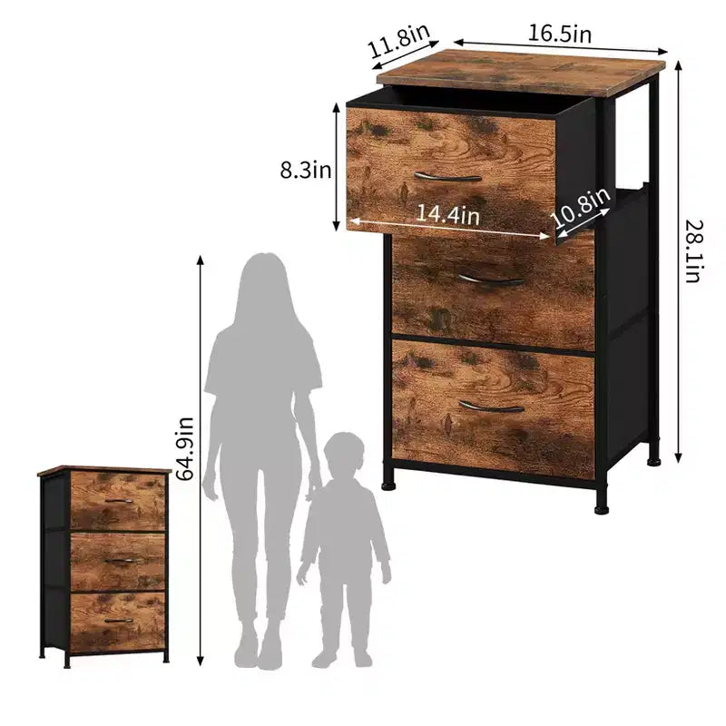 Commode à 3 tiroirs avec bacs en tissu, organisateur de rangement compact imitation bois pour chambre, placard, entrée
