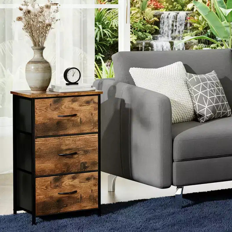 Commode à 3 tiroirs avec bacs en tissu, organisateur de rangement compact imitation bois pour chambre, placard, entrée
