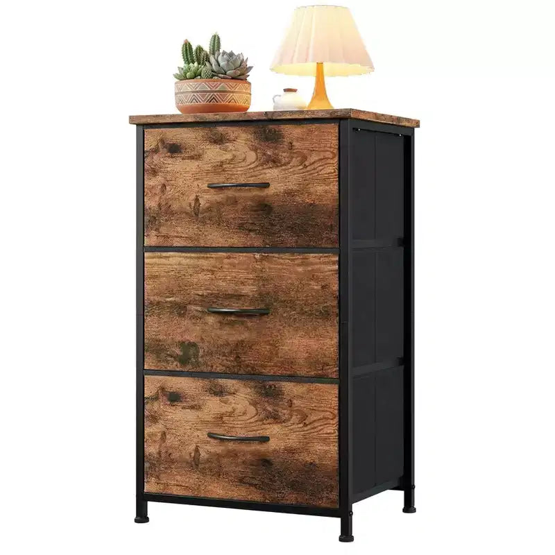 Commode à 3 tiroirs avec bacs en tissu, organisateur de rangement compact imitation bois pour chambre, placard, entrée