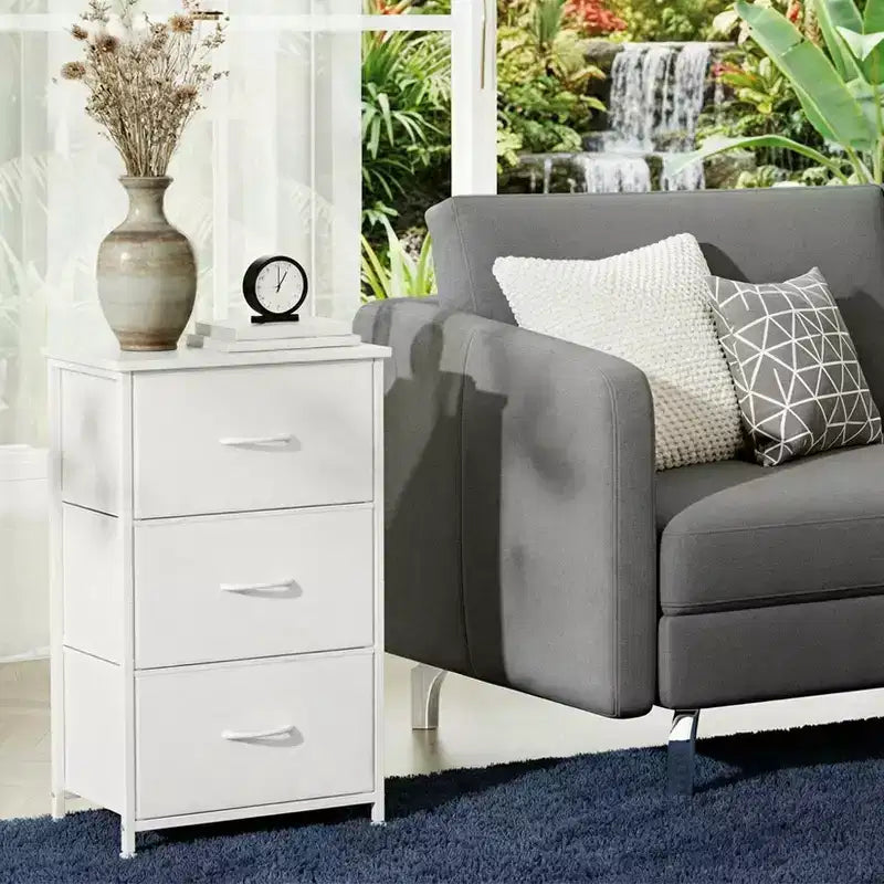 Commode à 3 tiroirs avec bacs en tissu, organisateur de rangement compact imitation bois pour chambre, placard, entrée