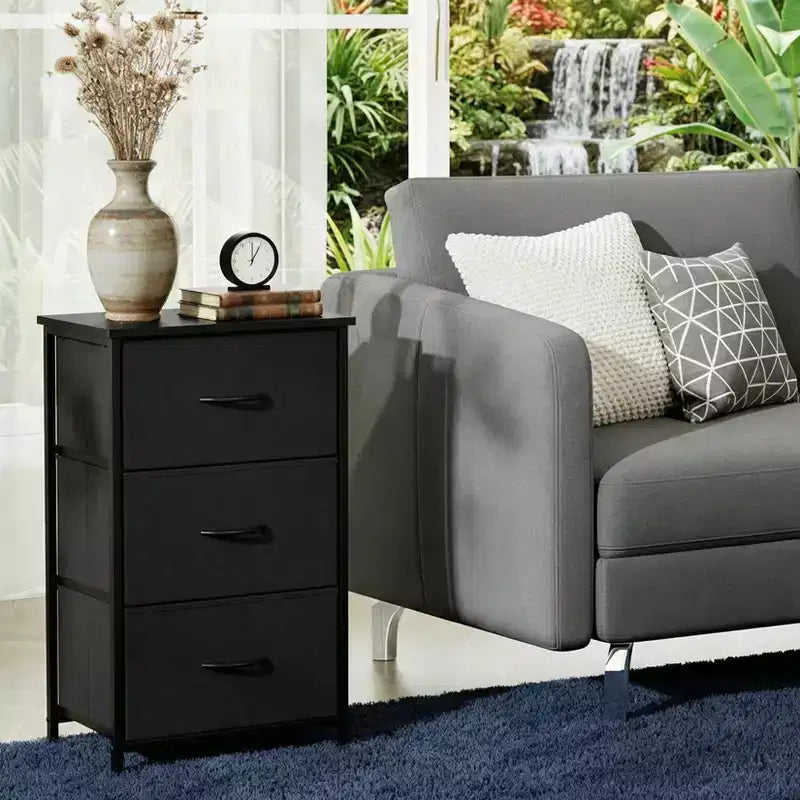 Commode à 3 tiroirs avec bacs en tissu, organisateur de rangement compact imitation bois pour chambre, placard, entrée
