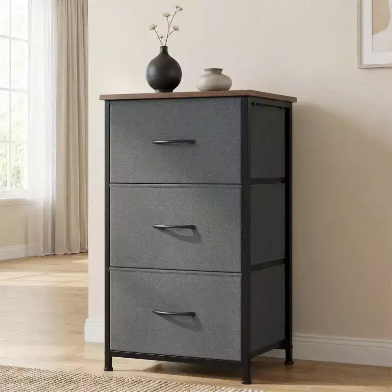 Commode à 3 tiroirs avec bacs en tissu, organisateur de rangement compact imitation bois pour chambre, placard, entrée