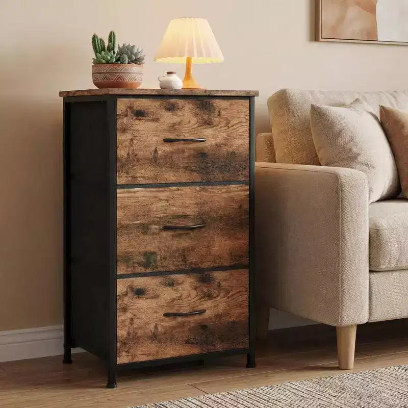 Commode à 3 tiroirs avec bacs en tissu, organisateur de rangement compact imitation bois pour chambre, placard, entrée