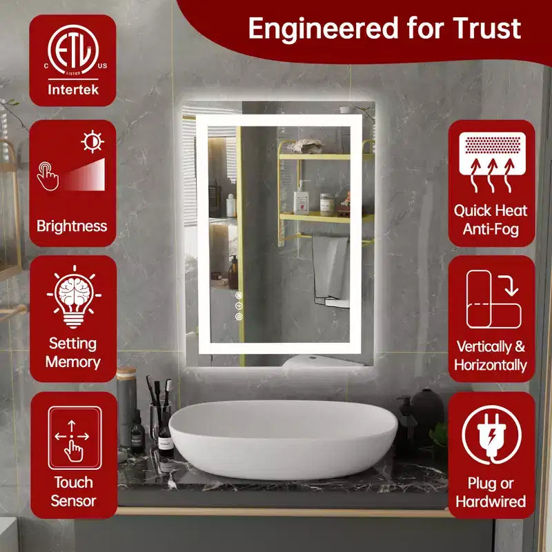 Miroir de salle de bain LED 20x28 avec commande tactile dimmable, miroir de courtoisie mural anti-buée certifié ETL