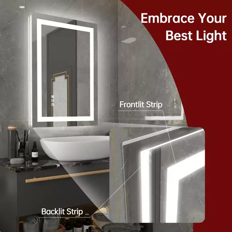 Miroir de salle de bain LED 20x28 avec commande tactile dimmable, miroir de courtoisie mural anti-buée certifié ETL