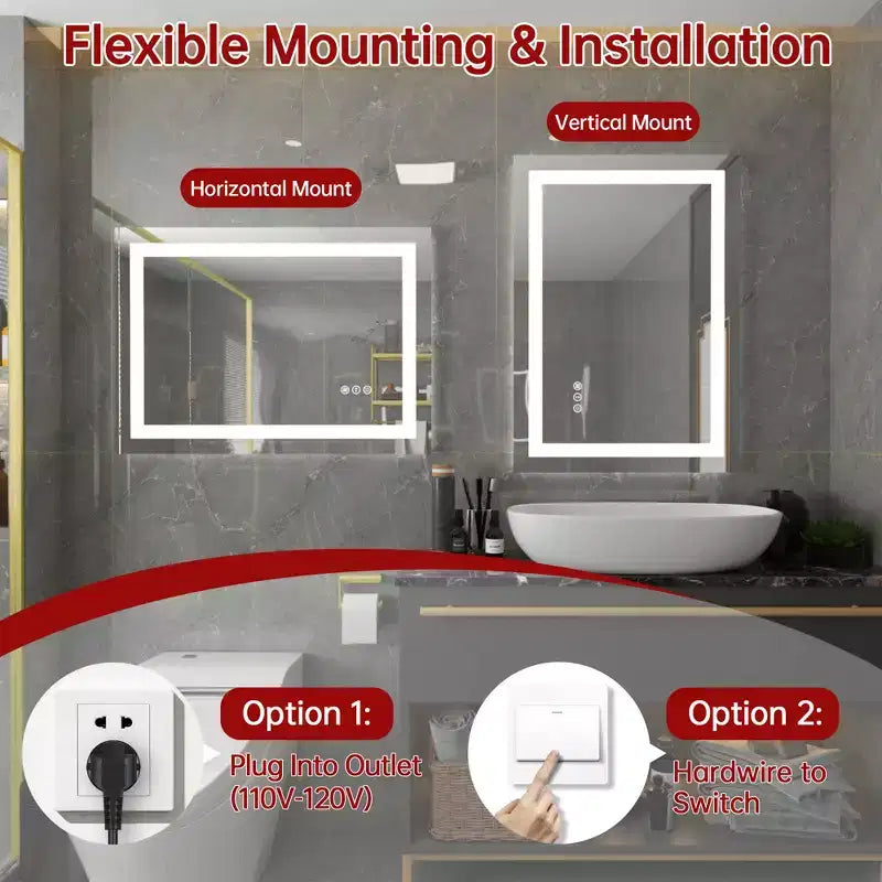 Miroir de salle de bain LED 20x28 avec commande tactile dimmable, miroir de courtoisie mural anti-buée certifié ETL