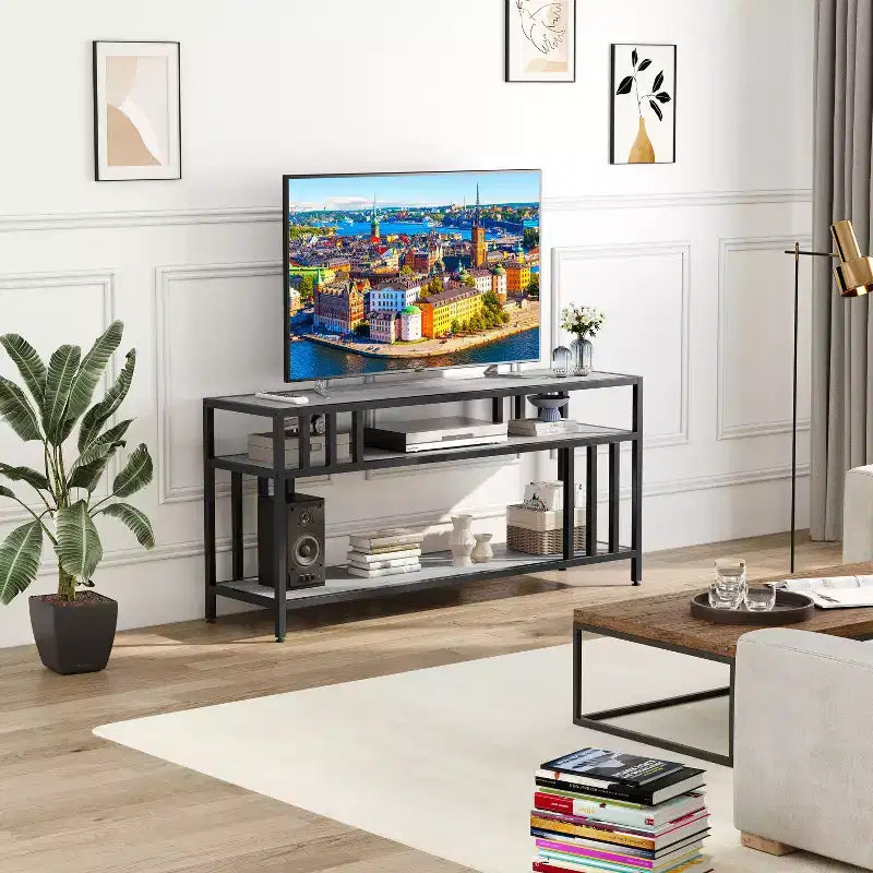 Meuble TV rustique marron de 58 pouces – pour téléviseurs jusqu'à 65 pouces, support à quatre tubes, étagères de rangement ouvertes, meuble de divertissement robuste pour salon et chambre