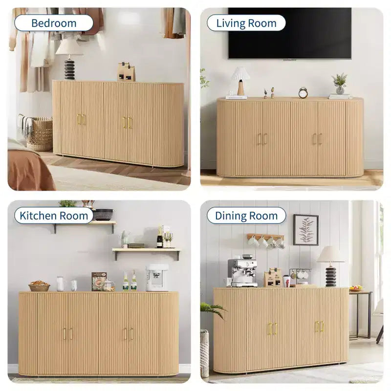 Buffet vaisselier cannelé de 160 cm avec rangement, buffet moderne avec étagères réglables et bords incurvés pour salle à manger