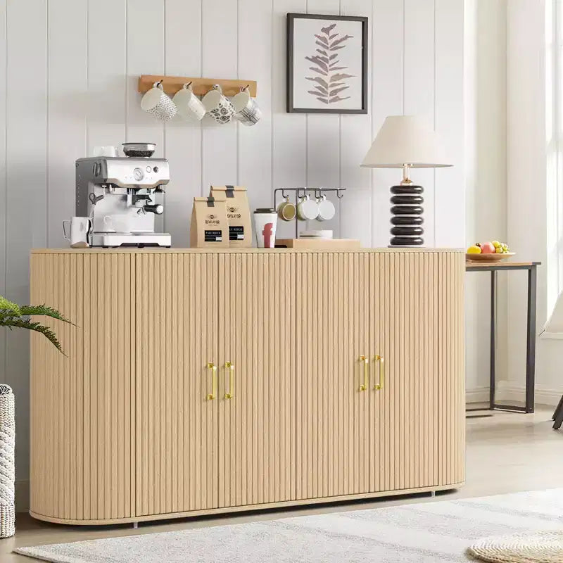 Buffet vaisselier cannelé de 160 cm avec rangement, buffet moderne avec étagères réglables et bords incurvés pour salle à manger