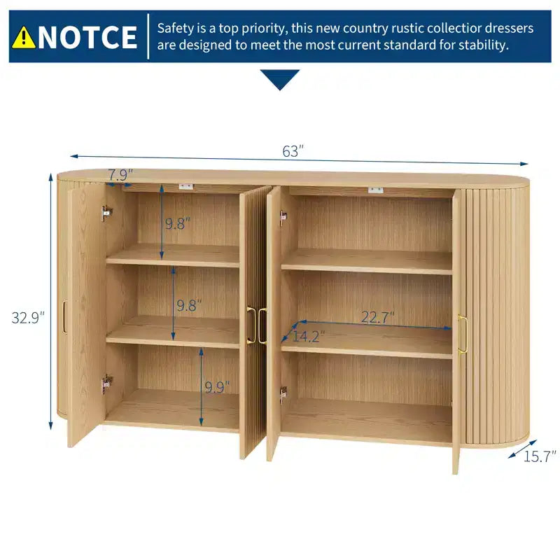 Buffet vaisselier cannelé de 160 cm avec rangement, buffet moderne avec étagères réglables et bords incurvés pour salle à manger