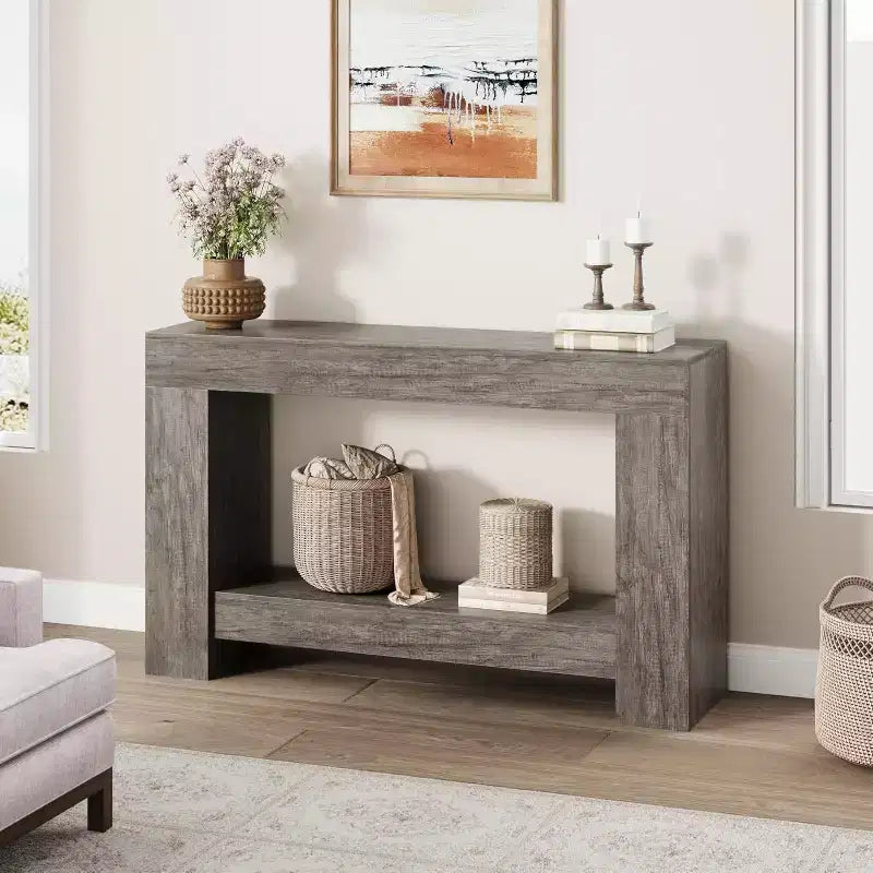 Grande Console de Ferme, Table Basse de Canapé à 2 Niveaux avec Rangement pour Salon, Entrée et Couloir, Table d'Entrée en Bois Rustique pour Hall d'Entrée