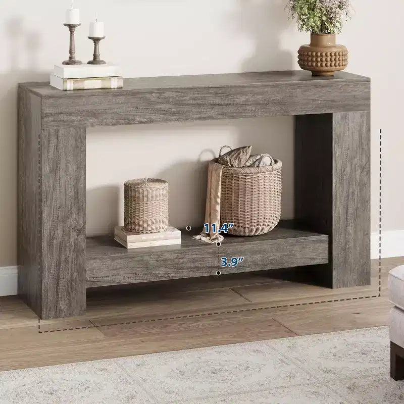 Grande Console de Ferme, Table Basse de Canapé à 2 Niveaux avec Rangement pour Salon, Entrée et Couloir, Table d'Entrée en Bois Rustique pour Hall d'Entrée