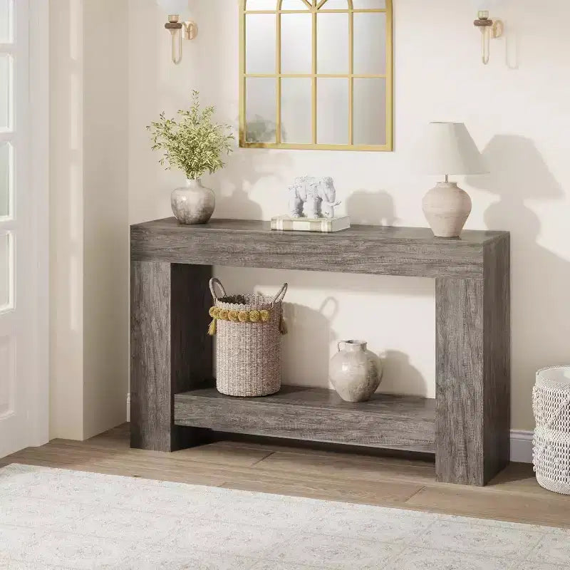 Grande Console de Ferme, Table Basse de Canapé à 2 Niveaux avec Rangement pour Salon, Entrée et Couloir, Table d'Entrée en Bois Rustique pour Hall d'Entrée