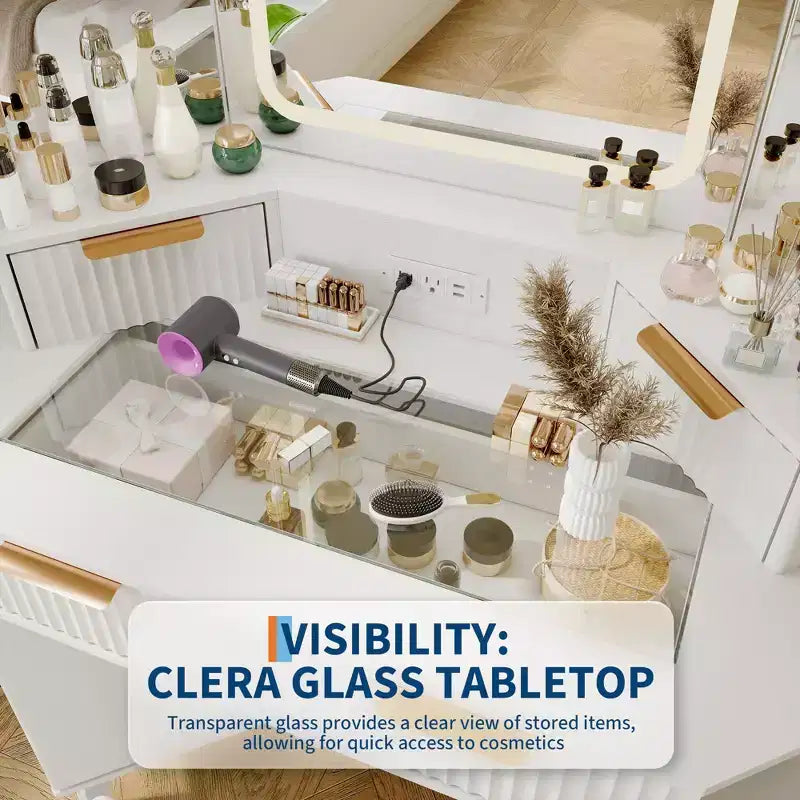 Coiffeuse d'Angle avec Plateau en Verre, Table de Maquillage Moderne Cannelée avec Miroir et Chaise, Gain de Place pour Chambre à Coucher