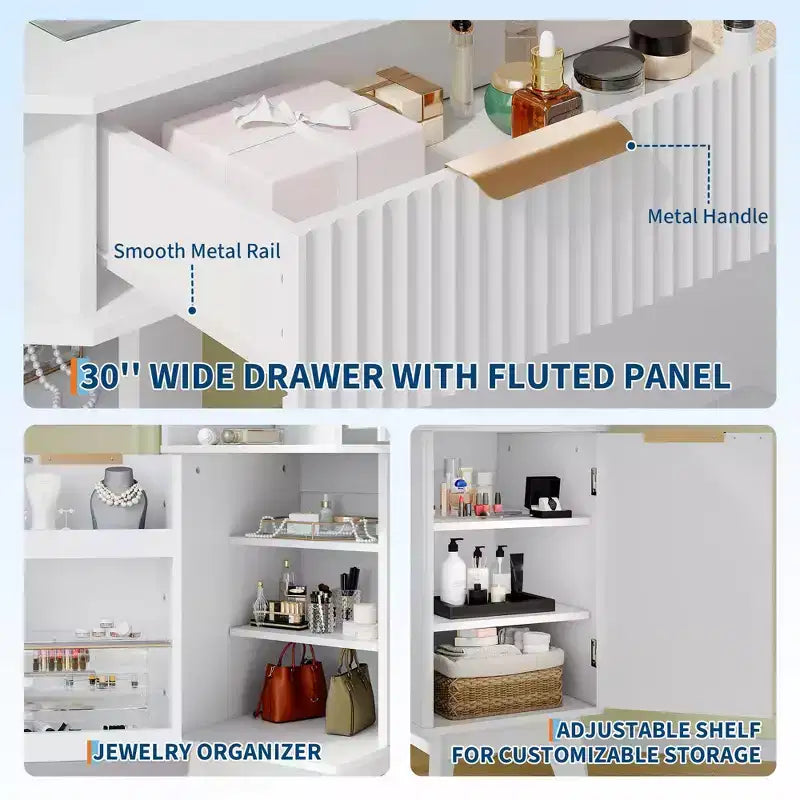 Coiffeuse d'Angle avec Plateau en Verre, Table de Maquillage Moderne Cannelée avec Miroir et Chaise, Gain de Place pour Chambre à Coucher