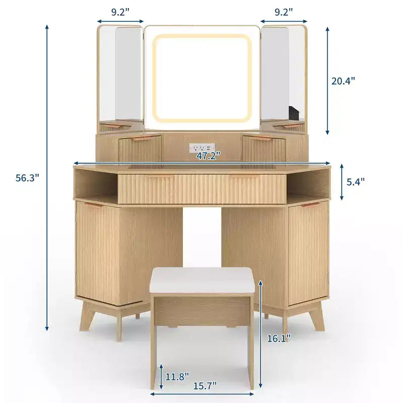 Coiffeuse d'Angle avec Plateau en Verre, Table de Maquillage Moderne Cannelée avec Miroir et Chaise, Gain de Place pour Chambre à Coucher