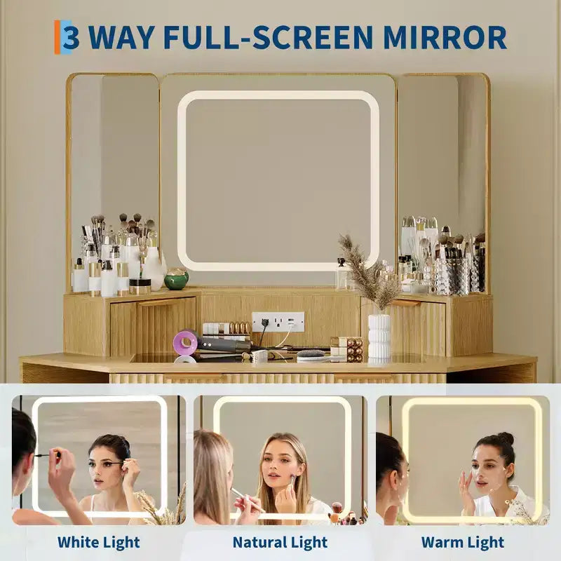 Coiffeuse d'Angle avec Plateau en Verre, Table de Maquillage Moderne Cannelée avec Miroir et Chaise, Gain de Place pour Chambre à Coucher