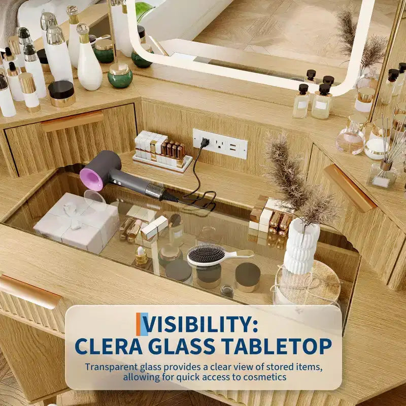 Coiffeuse d'Angle avec Plateau en Verre, Table de Maquillage Moderne Cannelée avec Miroir et Chaise, Gain de Place pour Chambre à Coucher